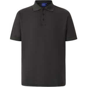 A grey men's polo shirt featuring a collar, short sleeves, and a three-button placket. It includes a logo.