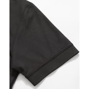A black polo shirt featuring a smooth fabric texture and neatly finished sleeve hem. It also has a logo.