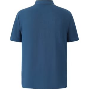 A blue men's polo shirt with a short sleeve and a collar, featuring a logo on the side.