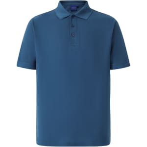 A men's polo shirt in a vibrant shade of blue, featuring a collar and a logo.