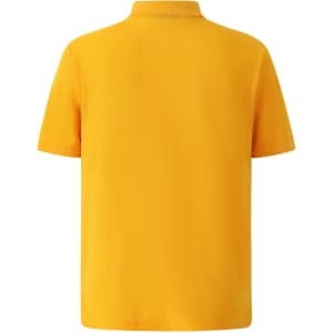 A yellow men's polo shirt featuring short sleeves and a collar, with a logo on the side.