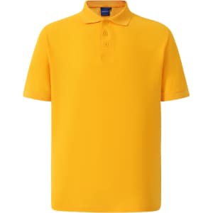 A yellow polo shirt featuring a collar, short sleeves, and three buttons. It has a logo on the chest.
