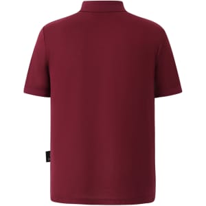 A maroon polo shirt featuring a collar and short sleeves, with a logo on the back.