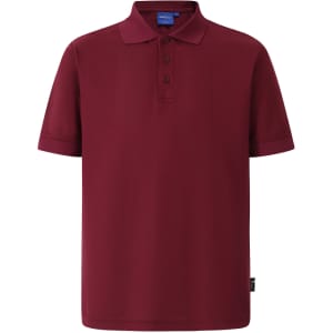 A red men's polo shirt with a collar, short sleeves, and a logo on the chest.