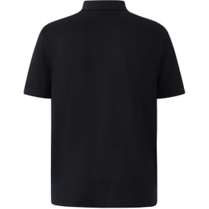 A navy blue men's polo shirt with short sleeves and a collar, featuring a logo on the back.