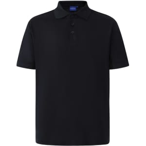 A navy blue men's polo shirt with a collar, short sleeves, and a logo on the side.