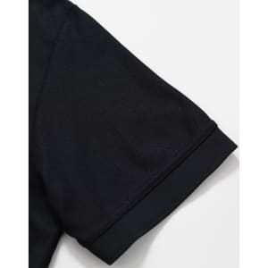 A black polo shirt with a solid design, featuring short sleeves and a classic collar. Includes a logo.