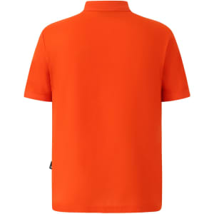 An orange men's polo shirt featuring a collar and short sleeves, with a brand logo on the chest.
