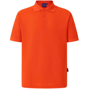 An orange polo shirt featuring a collar and short sleeves, with a logo on the front.