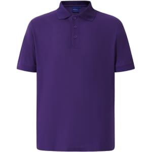A purple polo shirt with a collar and three buttons, featuring a logo on the chest area.