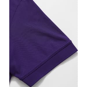 A purple polo shirt sleeve featuring a ribbed cuff and a logo. The fabric appears smooth and breathable.