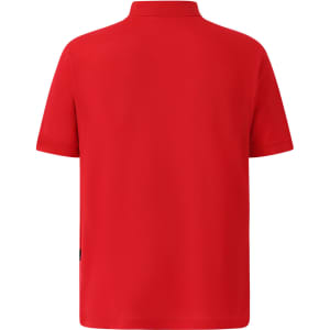 A bright red men's polo shirt with a classic collar and short sleeves, featuring a logo.