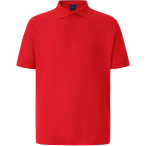 A bright red polo shirt with a collared neckline and short sleeves, featuring a logo on the chest.