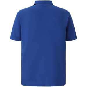 A blue men's polo shirt featuring short sleeves and a collar, with a brand logo on the back.