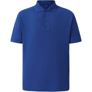 A blue Men's Connection Polo shirt featuring a collar, buttons, and short sleeves, with a branding logo.