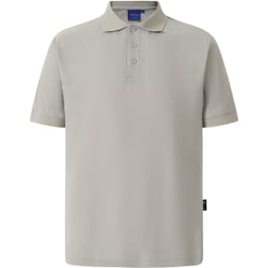 A light grey polo shirt with a classic collar and three-button placket, featuring a logo on the side.