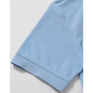 A light blue polo shirt sleeve featuring a smooth finish and a logo on the front.