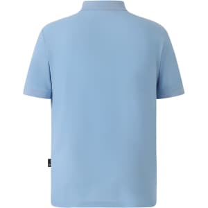 A light blue men's polo shirt featuring a collared neck and short sleeves, with a logo on the side.