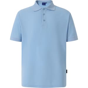A light blue polo shirt featuring a collar and buttons, with a logo on the side.