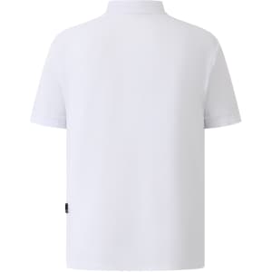 A white men's polo shirt with a collar and short sleeves, featuring a logo on the back.
