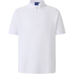 A white men's polo shirt featuring short sleeves and a three-button placket. It has a logo on the chest.