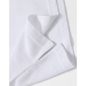 A close-up of a white polo shirt featuring a folded hem and a subtle logo.