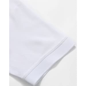 A white polo shirt featuring a smooth sleeve cuff, designed with a logo on the fabric.