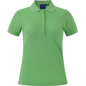 A green ladies' polo shirt with a zip collar and short sleeves, featuring a logo on the front.