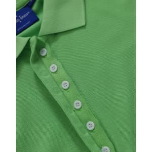 A green polo shirt featuring a classic collar and button placket, with a logo on the label.