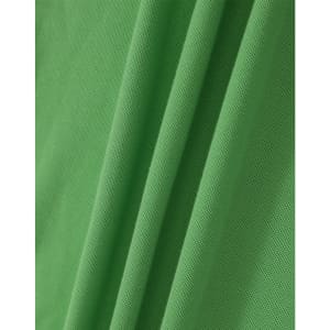 A close-up of a green, textured fabric featuring folds, suitable for polo shirts. It has a branding logo.