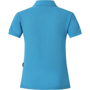 A turquoise polo shirt for women featuring short sleeves and a standard collar. It has a logo on the back.
