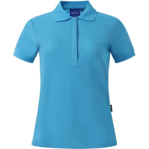 A bright aqua polo shirt with a classic collar and short sleeves, featuring a logo on the chest.