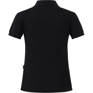 A black ladies' polo shirt featuring a classic design and a collar, with a logo on the back.