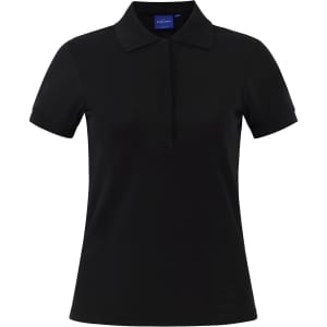 A dark brown polo shirt with a contrasting collar and cuffs, featuring a button placket and a logo.