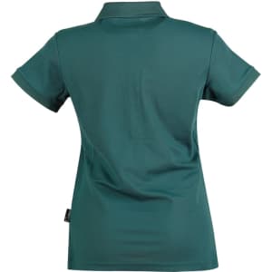 A women's polo shirt in a deep green shade, featuring a classic collar and short sleeves. It has a branding label at the side.