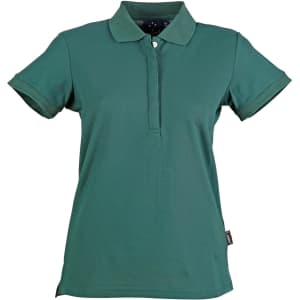 A green ladies' polo shirt with a collar and short sleeves, featuring a logo on the side.