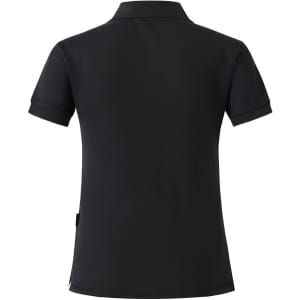 A grey ladies' polo shirt with a classic collar and short sleeves, featuring a branding logo.