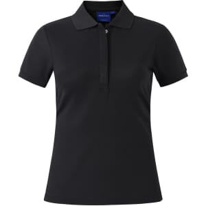 A grey ladies' polo shirt with a collared neckline and short sleeves, featuring a logo on the chest.