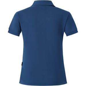 A navy ladies' polo shirt with a classic collar and short sleeves, featuring a logo on the side.