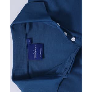 A blue ladies' polo shirt featuring a collar, buttons, and a brand label inside.