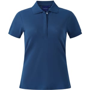 A teal ladies' polo shirt with a collar, short sleeves, and button detailing. It features a branding logo.