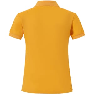 A women's yellow polo shirt with a back view and a small logo at the hem.