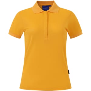 A women's polo shirt in bright yellow, featuring a collar and a logo on the side.