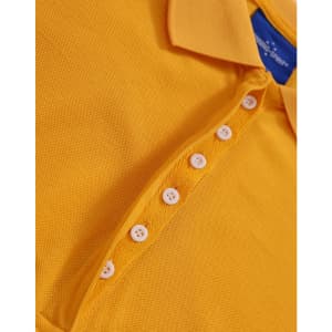 A close-up of a yellow polo shirt with a buttoned placket and a collar. The shirt features a logo.