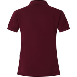 A maroon polo shirt for ladies featuring a classic collar and short sleeves. It has a branding logo on the side.