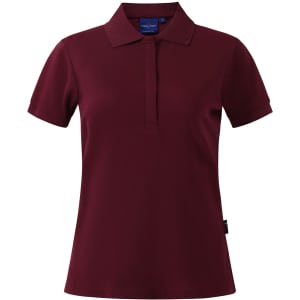 A red ladies' polo shirt with a collar, short sleeves, and a logo on the side.