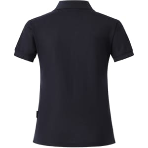 A navy blue ladies' polo shirt with a collared neckline and short sleeves, featuring a logo on the side.