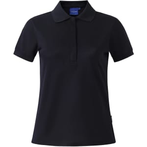A charcoal grey ladies' polo shirt with a collared neck and short sleeves, featuring a logo.