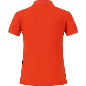 A vibrant orange ladies' polo shirt with a classic collar and short sleeves, featuring a logo.