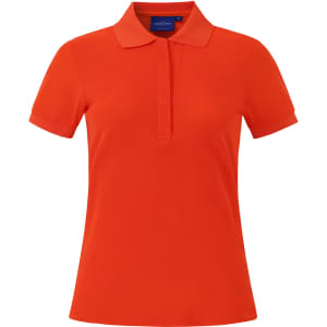 An orange Ladies' Connection Polo shirt with a classic collar and rolled sleeves, featuring a branding logo.